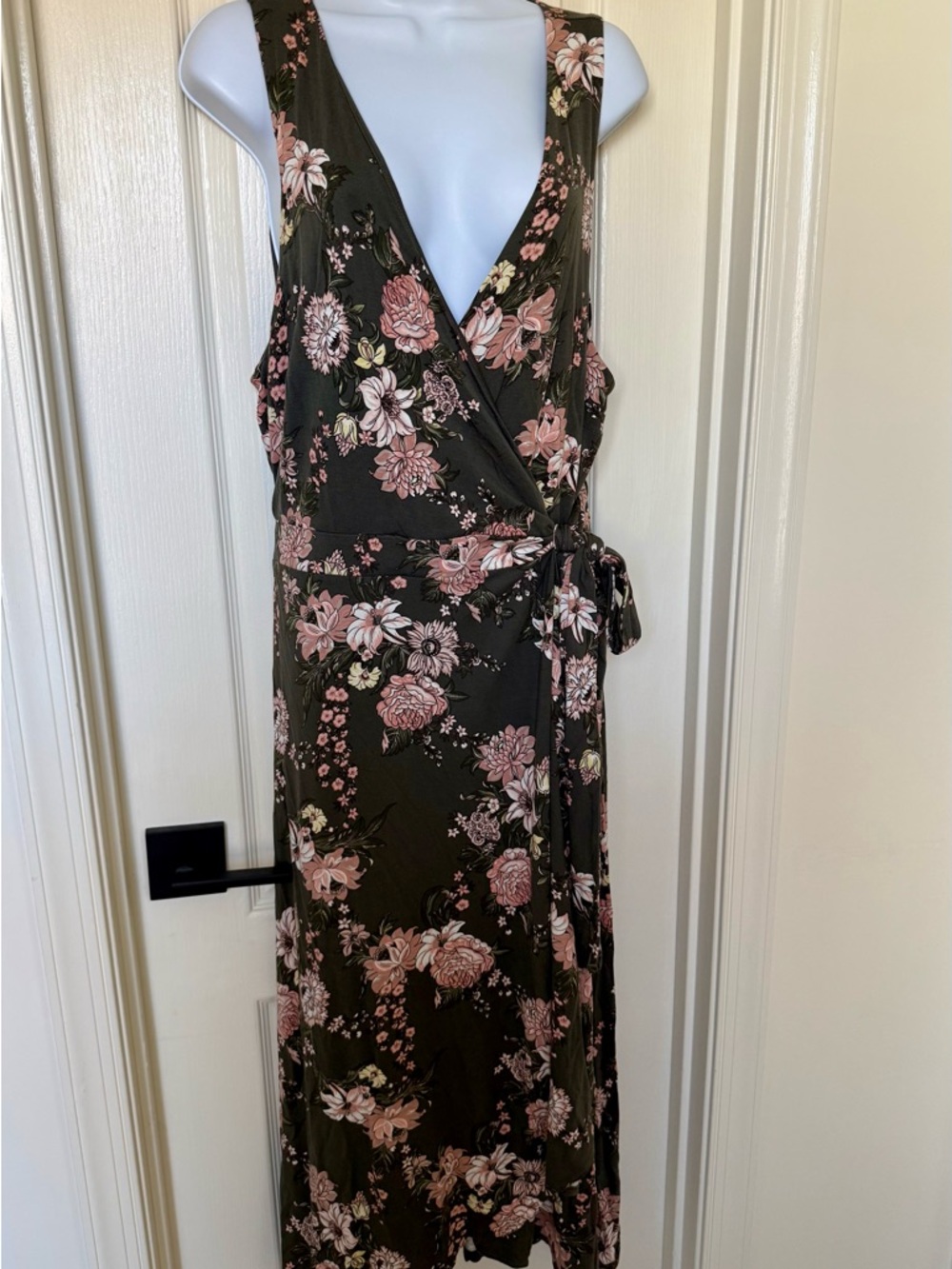 LOFT Olive Green/Gray Wrap Dress with Pink Flowers NWT